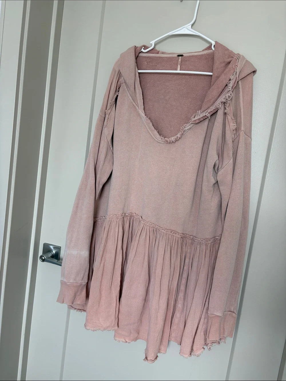 Free People Dusty Rose Hooded Tunic Long Sleeve Shirt with Distressed Seams SZ L - Picture 1 of 4